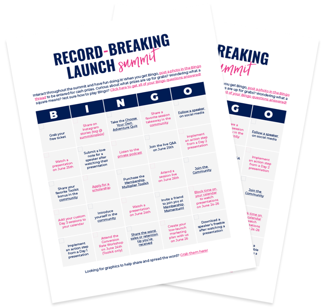 Image of two digital BINGO cards from the Record-Breaking Launch Summit. The Record-Breaking Launch Summit by Summit in a Box® is a free 4-day event to grow your course business, bust through sales plateaus, and break your course launch record in 2026 (without launching something new every 3 months).