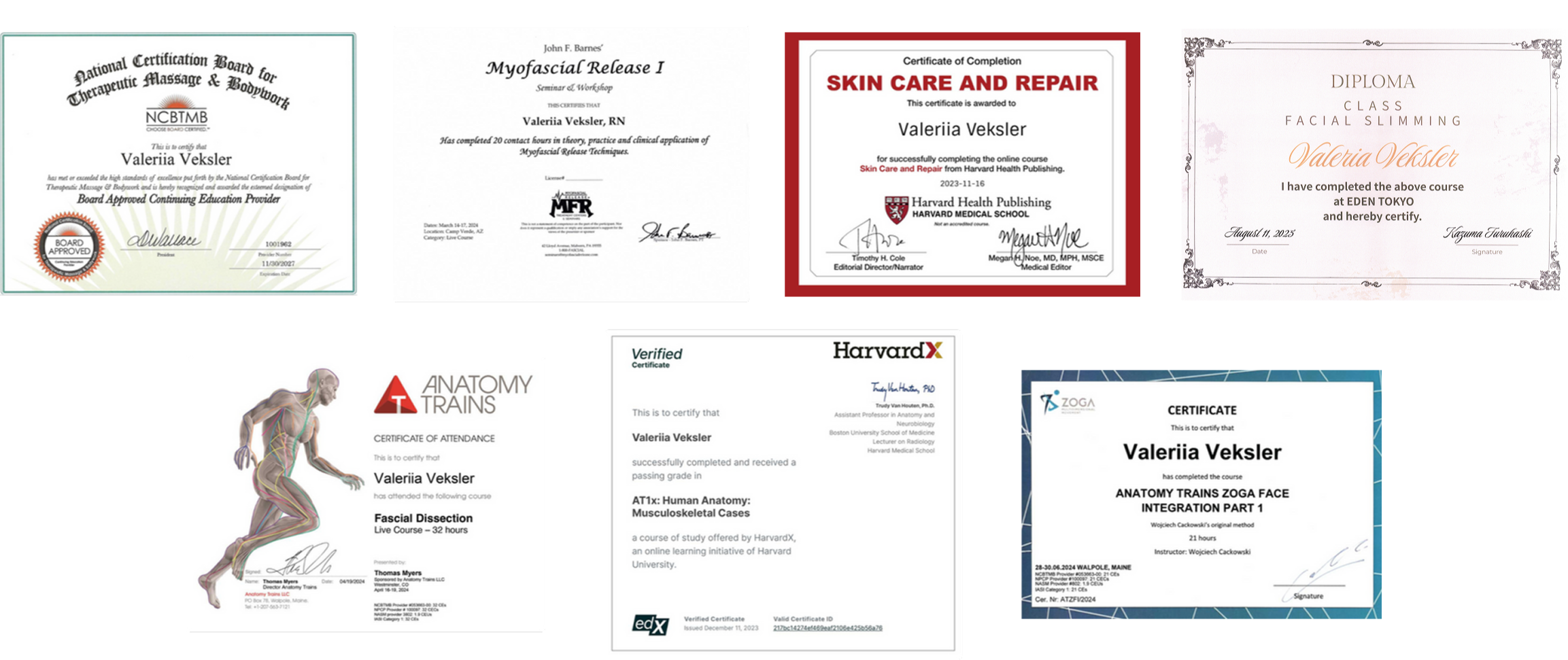 certifications of Valeriia as an NCBTMB-approved provider