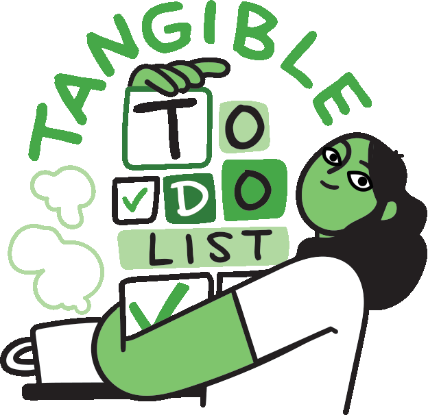 logo of the Tangible To-Do List, a friendly cartoon of a woman holding a stack of squares that say 