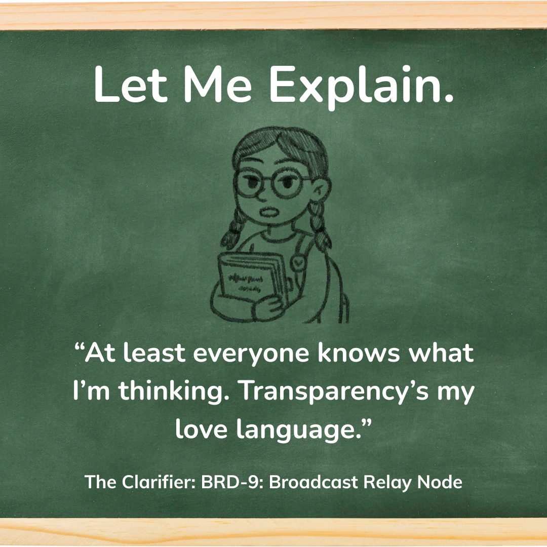 Chalkboard-style card titled The Decider showing the line ‘I Already Decided’ with humorous diagnostic text about the Autonomous Output Terminal.