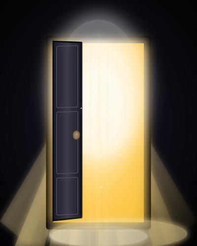 Door opening from darkness to golden light - the only door out