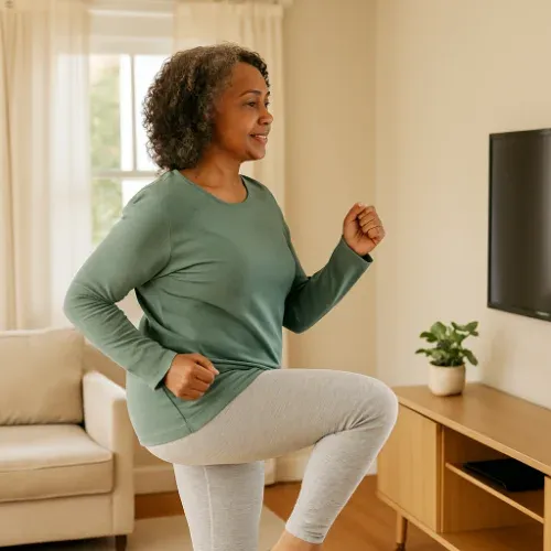 African American woman in her late 50s marching in place in her living room while watching TV. She wears a sage green top and light gray leggings, lifting one knee with purpose. Soft natural light fills the room.