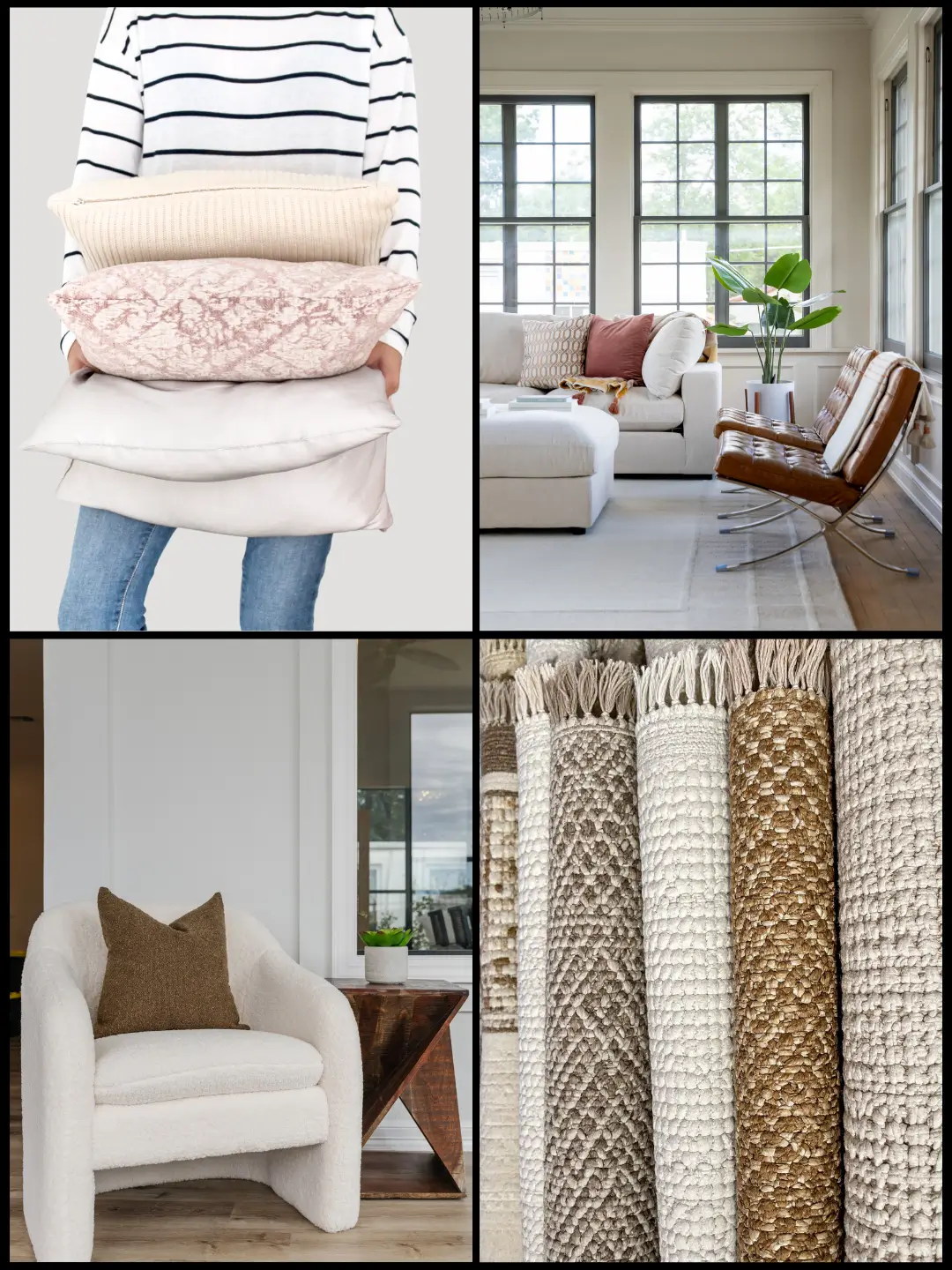 collage of images showing a woman holding a stack of accent pillows, a staged living room with a cream sofa and two brown leather chairs, a white armchair with moss green pillow, and a stack of rolled neutral rugs