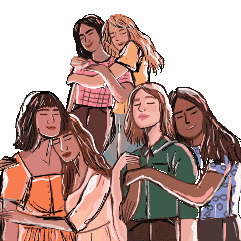 GIF of a Sisterhood of Women Smiling and Hugging Each Other in Support