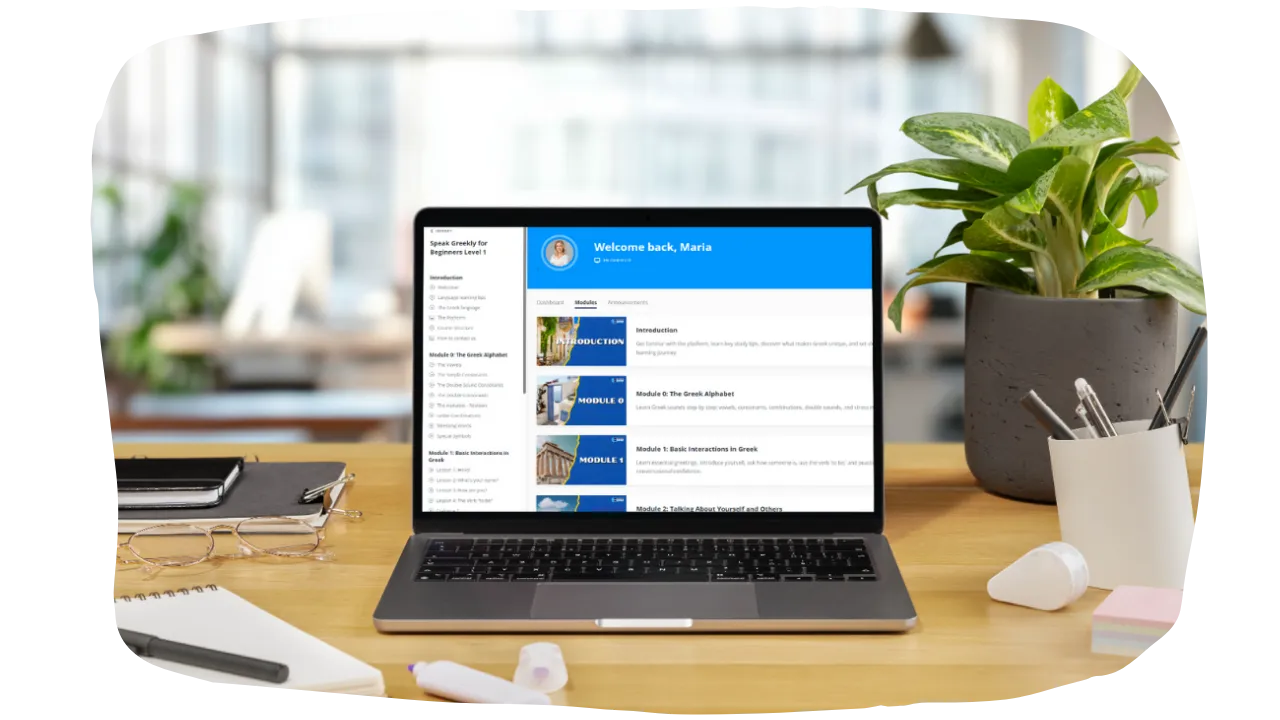 Interactive Speak Greekly learning platform interface on a laptop featuring Greek vocabulary games and quizzes.