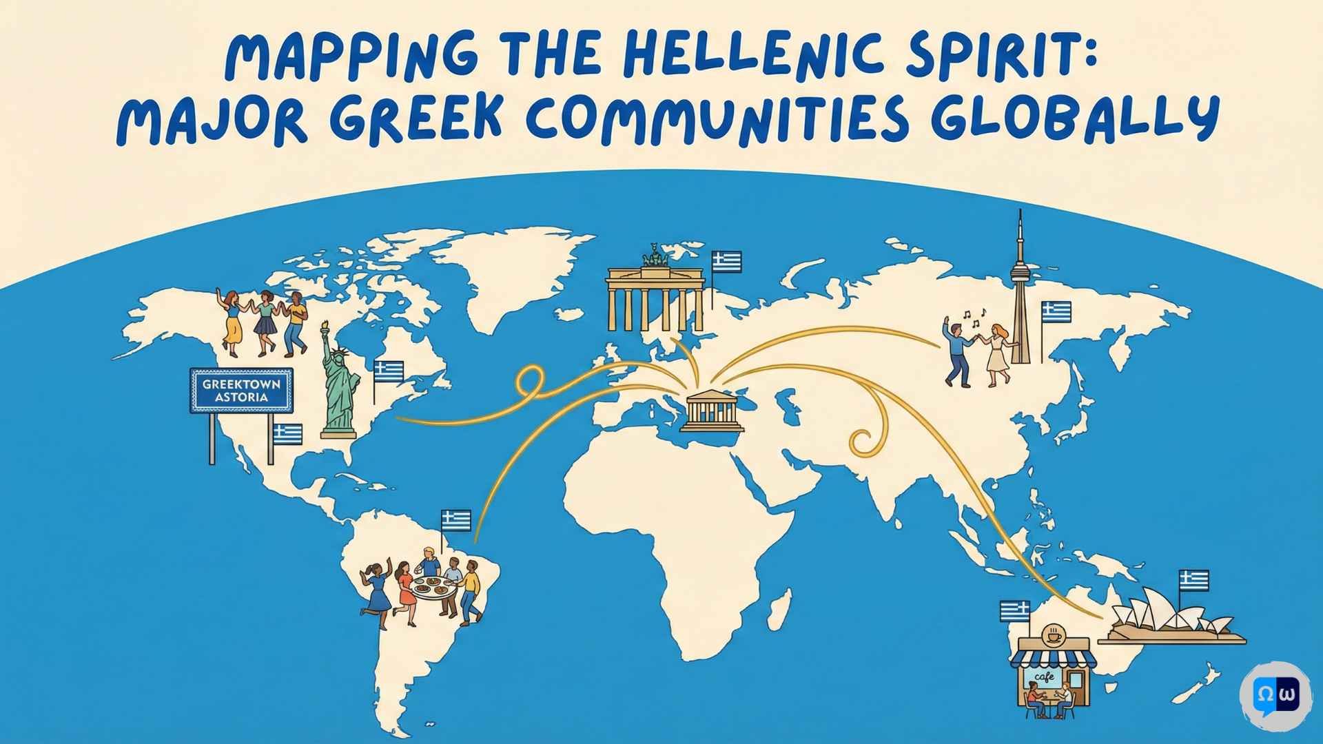 Global Greek diaspora infographic showing major Hellenic communities worldwide and their cultural connection to Athens, illustrated with world landmarks and Greek flags.