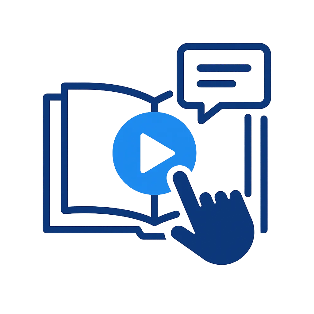 Icon of an open book with a play button, representing a self-paced digital Greek language course.