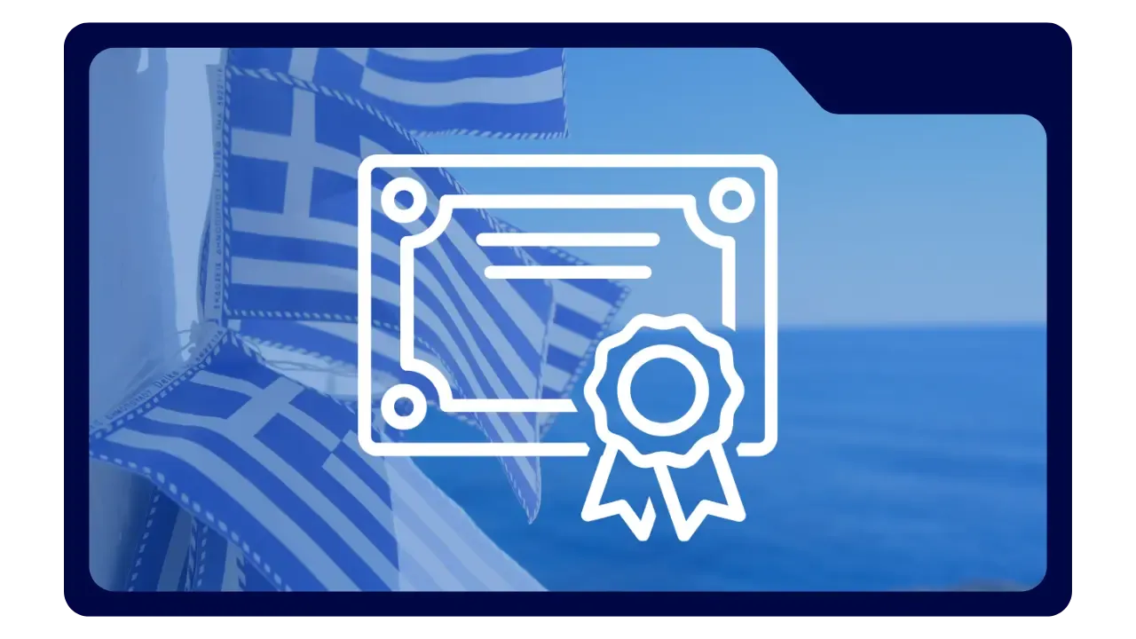Greek language certificate of completion icon with a Greek flag background, representing course achievement.