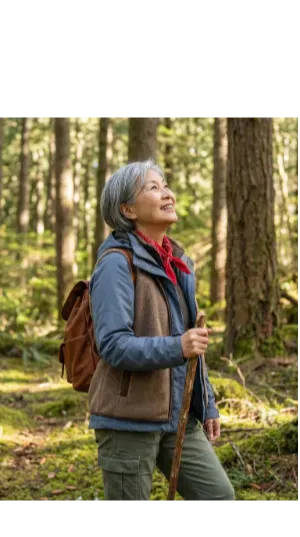 A woman in her 60s walks through a quiet forest with a backpack, pausing to look up at the trees. The moment reflects calm, confidence, and finding your why in nature.