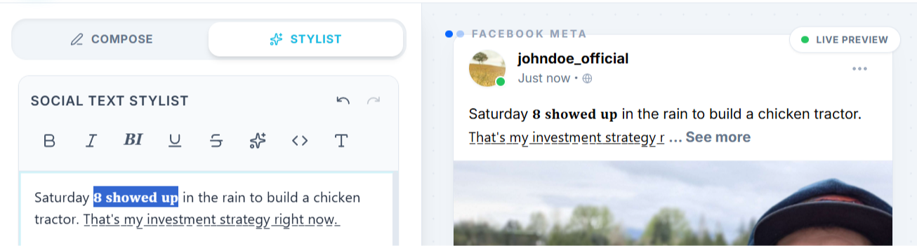 Social text stylist formatting tool