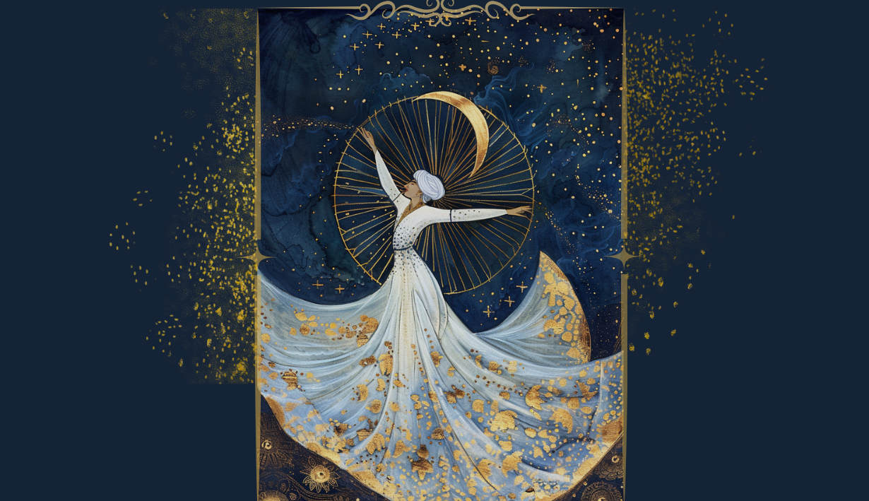 Illustration of a Sufi-inspired dancer in flowing blue and gold robes beneath a crescent moon, surrounded by gold starlight on a deep navy background, framed with ornate gold detailing.