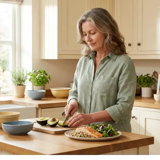 A woman in her early 60s preparing a nourishing meal in a bright kitchen. She cuts fresh avocado beside a plate of salmon, greens, and whole grains. The space feels warm and natural, reflecting balanced eating and hormone-supportive choices for women over 50.