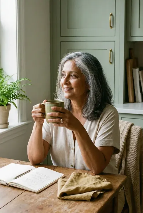 A woman in her early 60s sitting at her kitchen table with soft natural light coming through the window. She holds a warm mug and looks relaxed, with an open journal in front of her. The calm scene reflects stress reduction, nervous system support, and gentle hormone balance for women over 50.