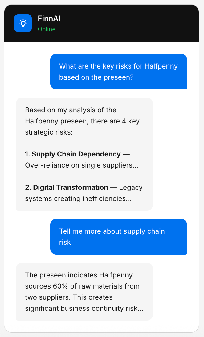 FinnAI in action - asking about key risks from the preseen