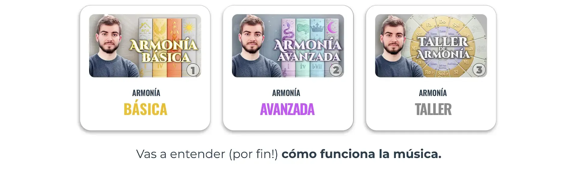portadas de 3 cursos de armonía desenfocadas y con el texto próximamente encima