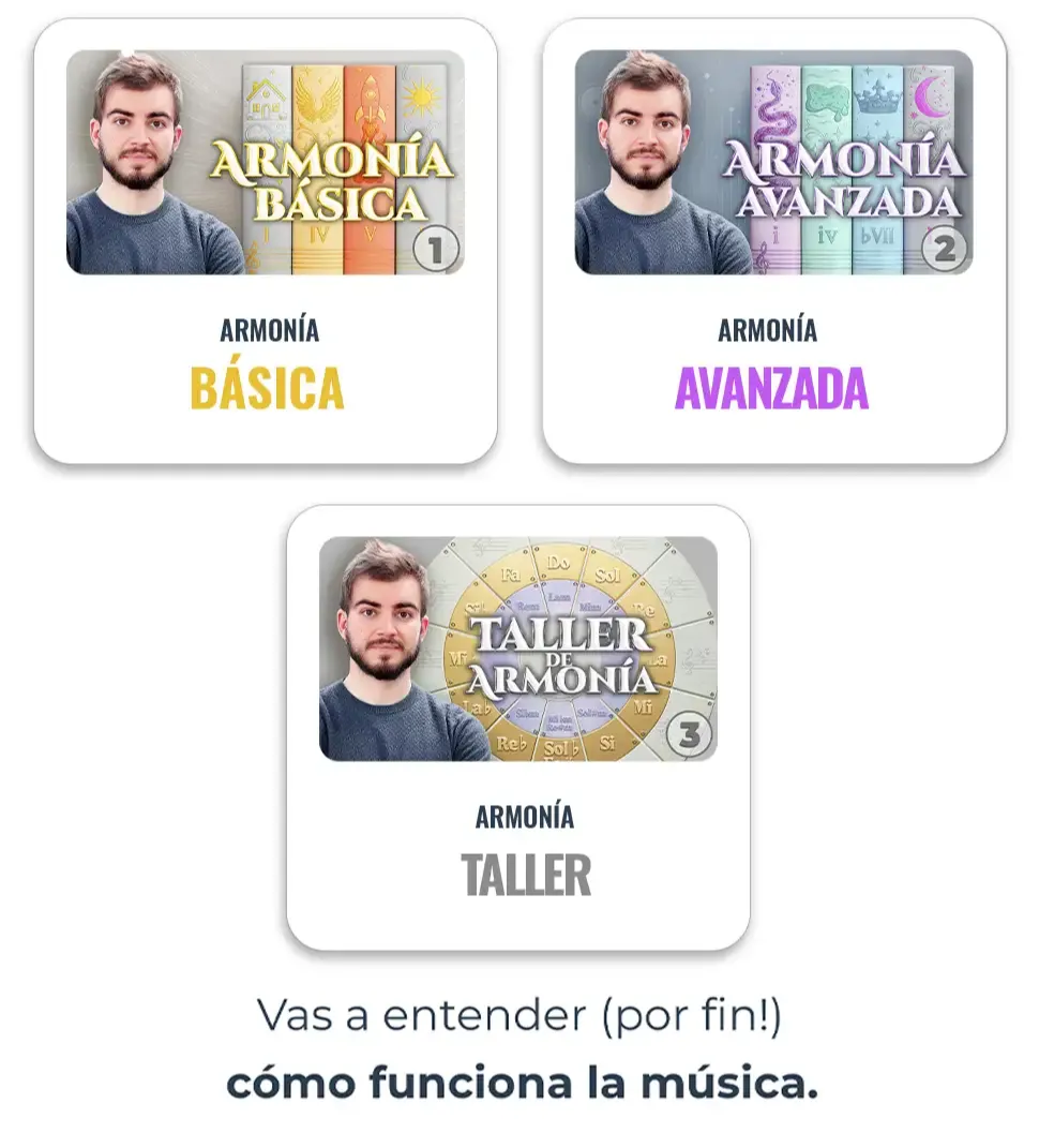 portadas difuminadas de 3 cursos de armonía con la palabra próximamente