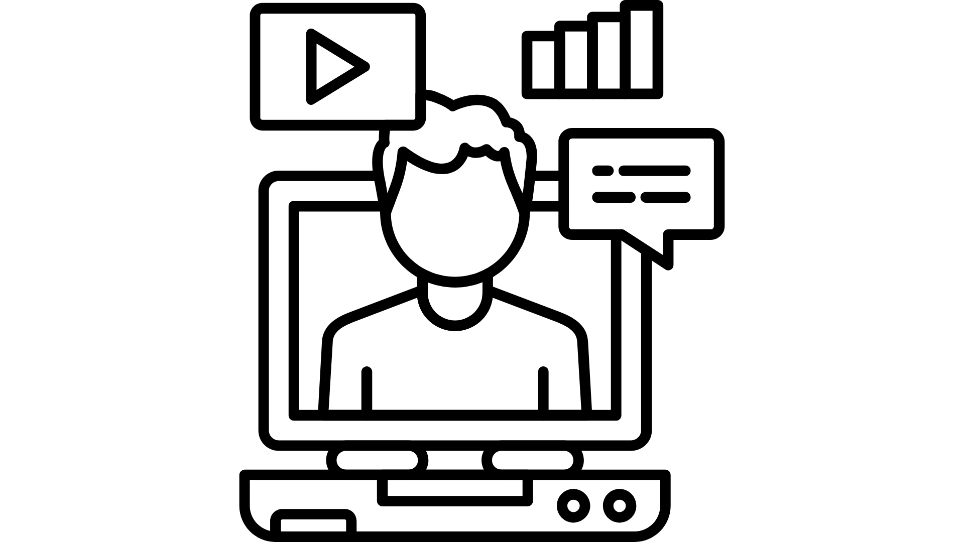 Line drawing of computer with person, chart, play button, and dialogue box.