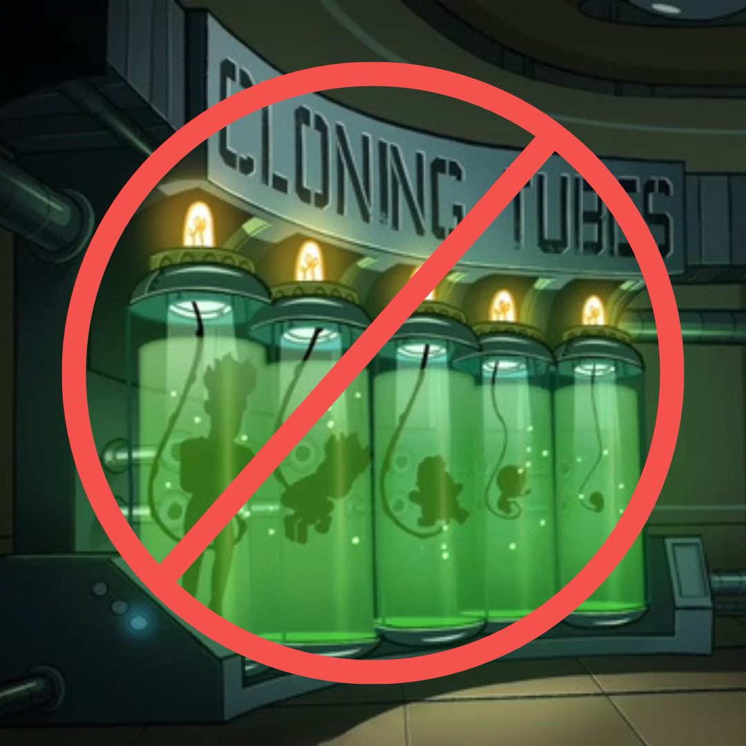 image of sci-fi cloning pods with shadowy bodies within, with a red circle-slash over it