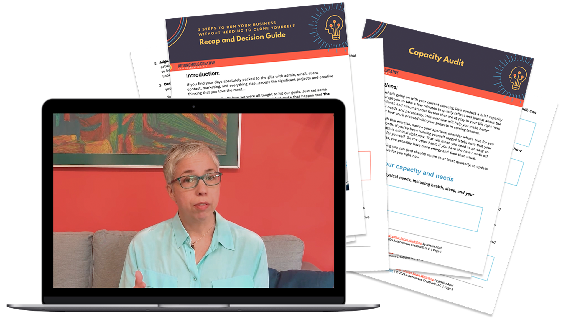 Mockup of the contents of the Implementation Kit. Laptop displaying a still of the video featuring Jessica Abel, and mockups of the two worksheets, the Capacity Audit and the Recap + Decision Guide