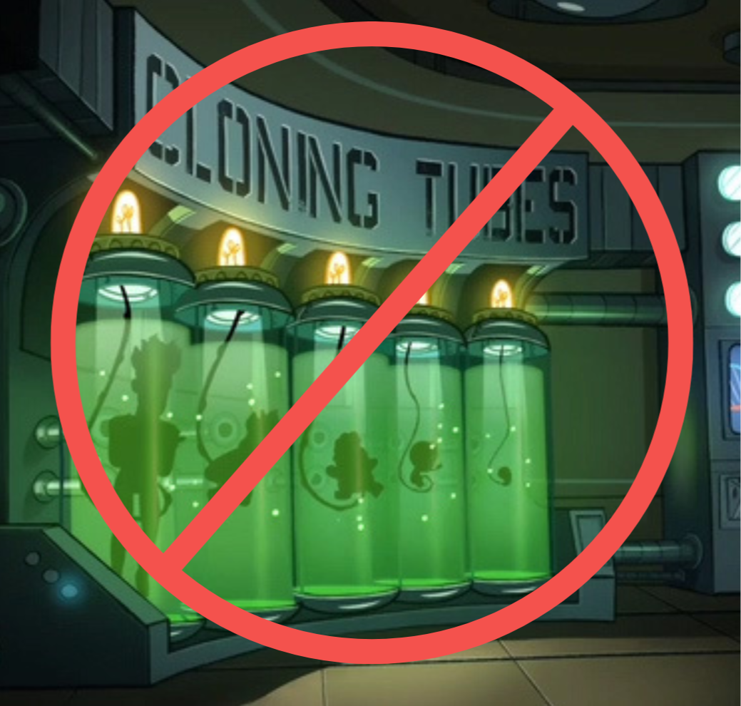 Animation-style image of sci-fi cloning tubes with shadowy clones developing inside with a big red "no" circle-slash over it