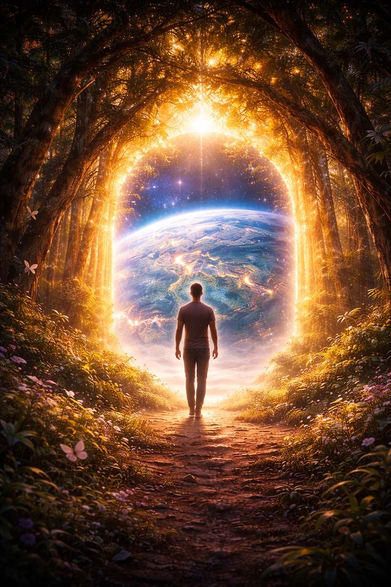 A man walks thorugh a mystical forest with a palent and strars visable ahead. 