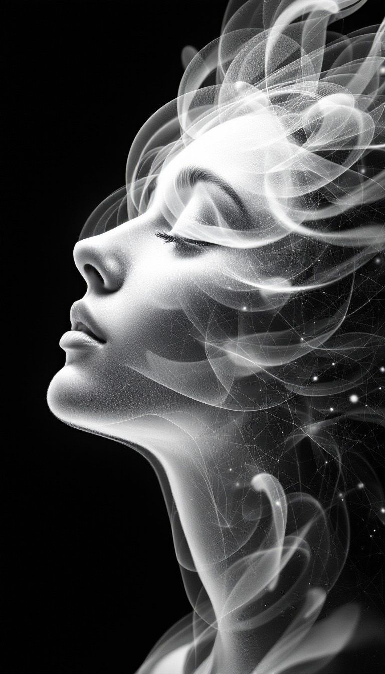 Stylized portrait of woman's head with swirling vortex lines suggesting hypnotic state. 