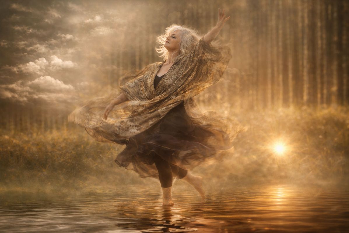 Artistic image depicting Deborah dancing in a fanciful forest pond. 