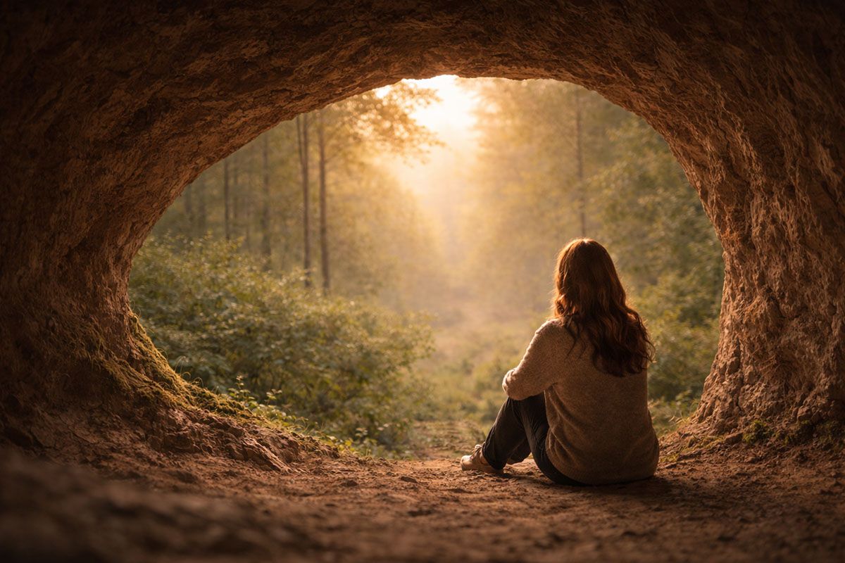Woman sitting in a cave entrance, gazing out a bushland scene.