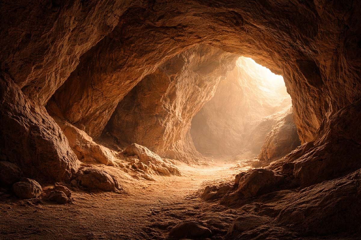  A cave interior with sunlight shining though the entrance. 