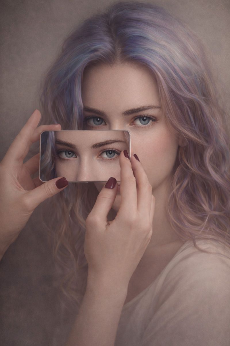 Portrait of a woman standing behind a lens showing her face repeated. 