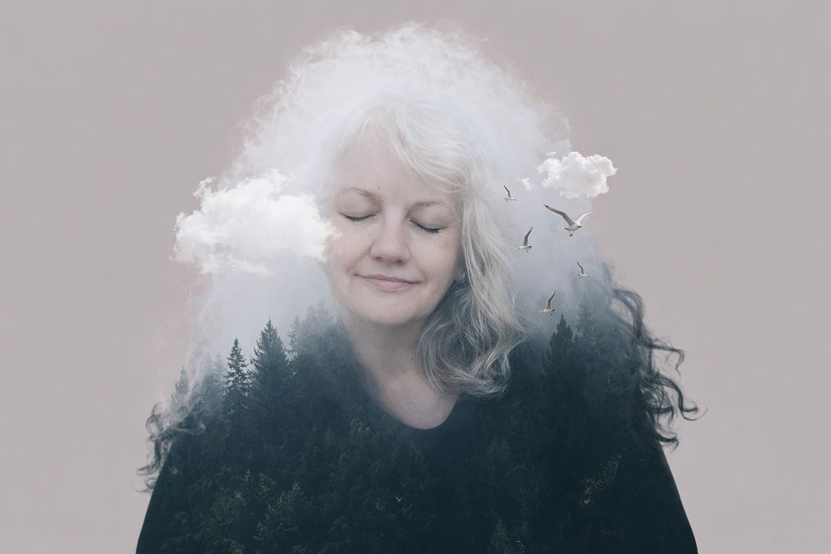 Artisitic image showing Deborah's face with cloud hair and forest clothing.