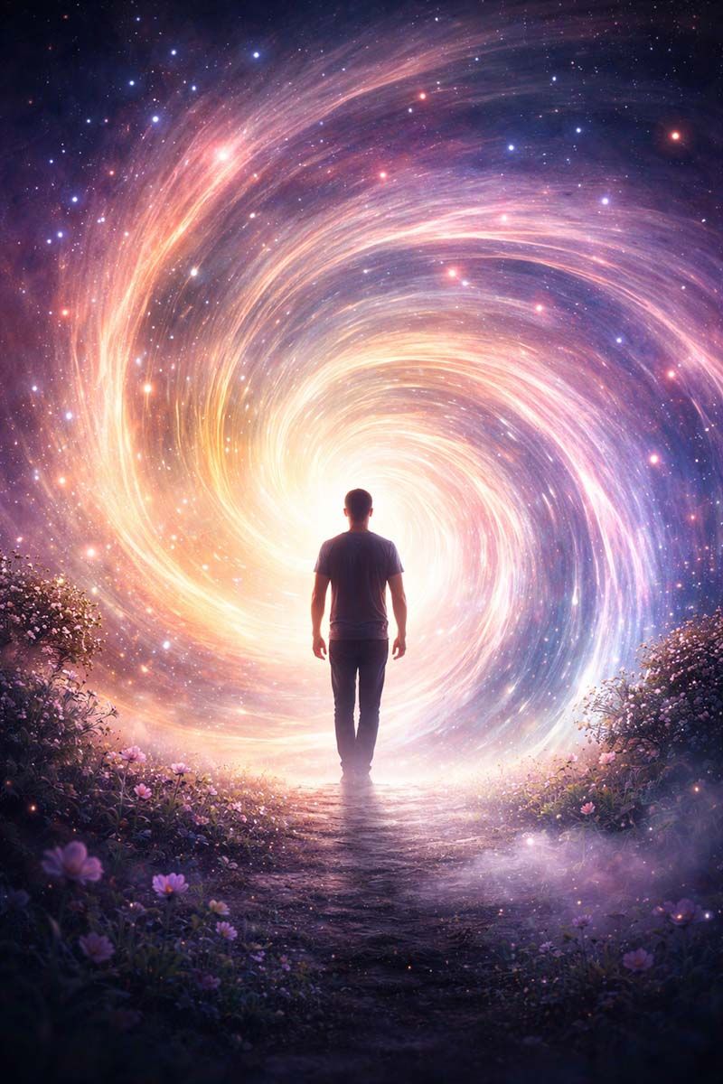 Man walks a mystical path, approaching a spiral star portal.