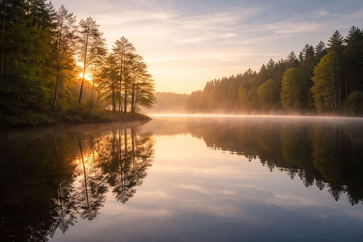 A placid lake banked by deep forest. 