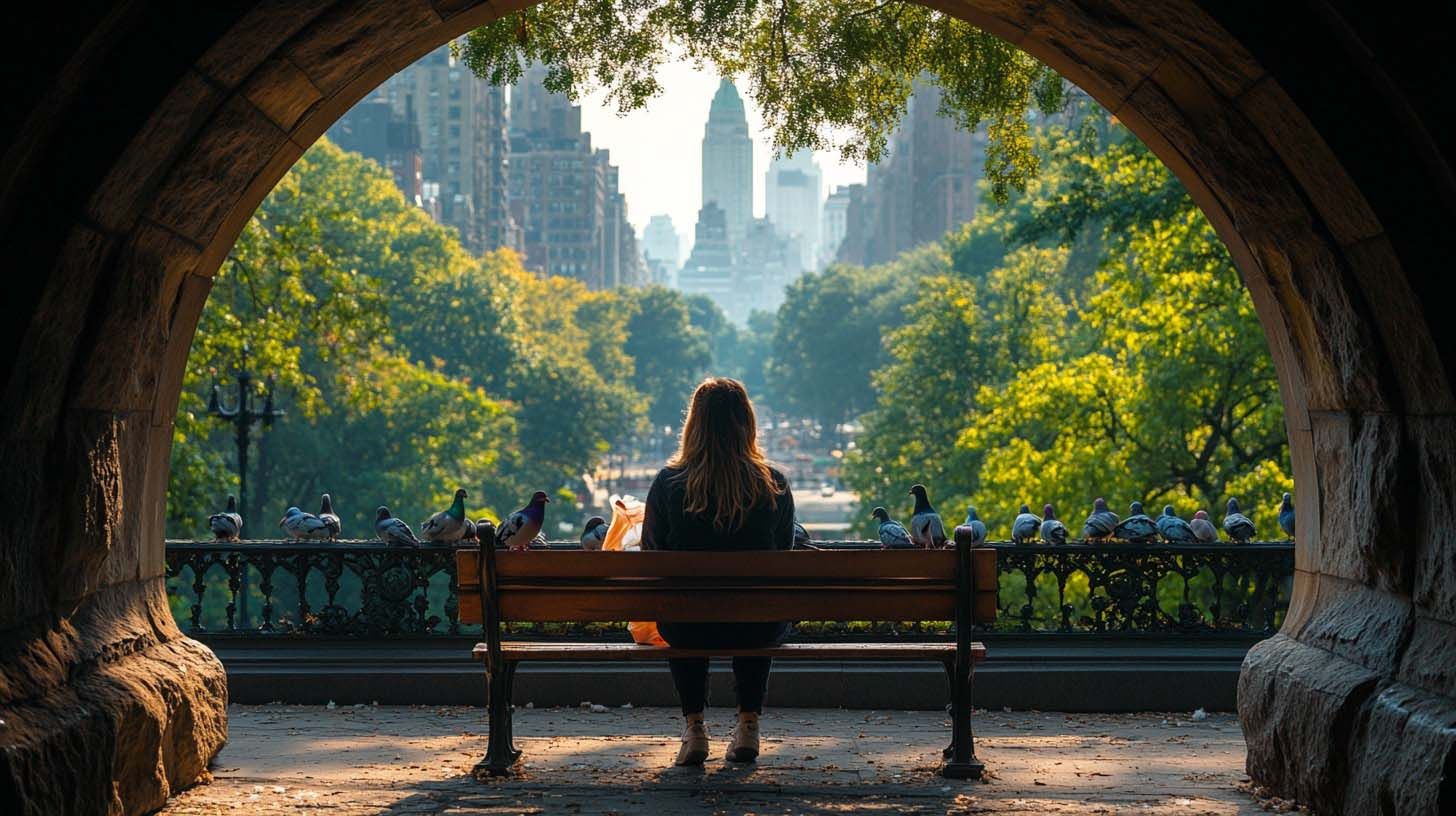 Woman on bench viewing a city landscape. 