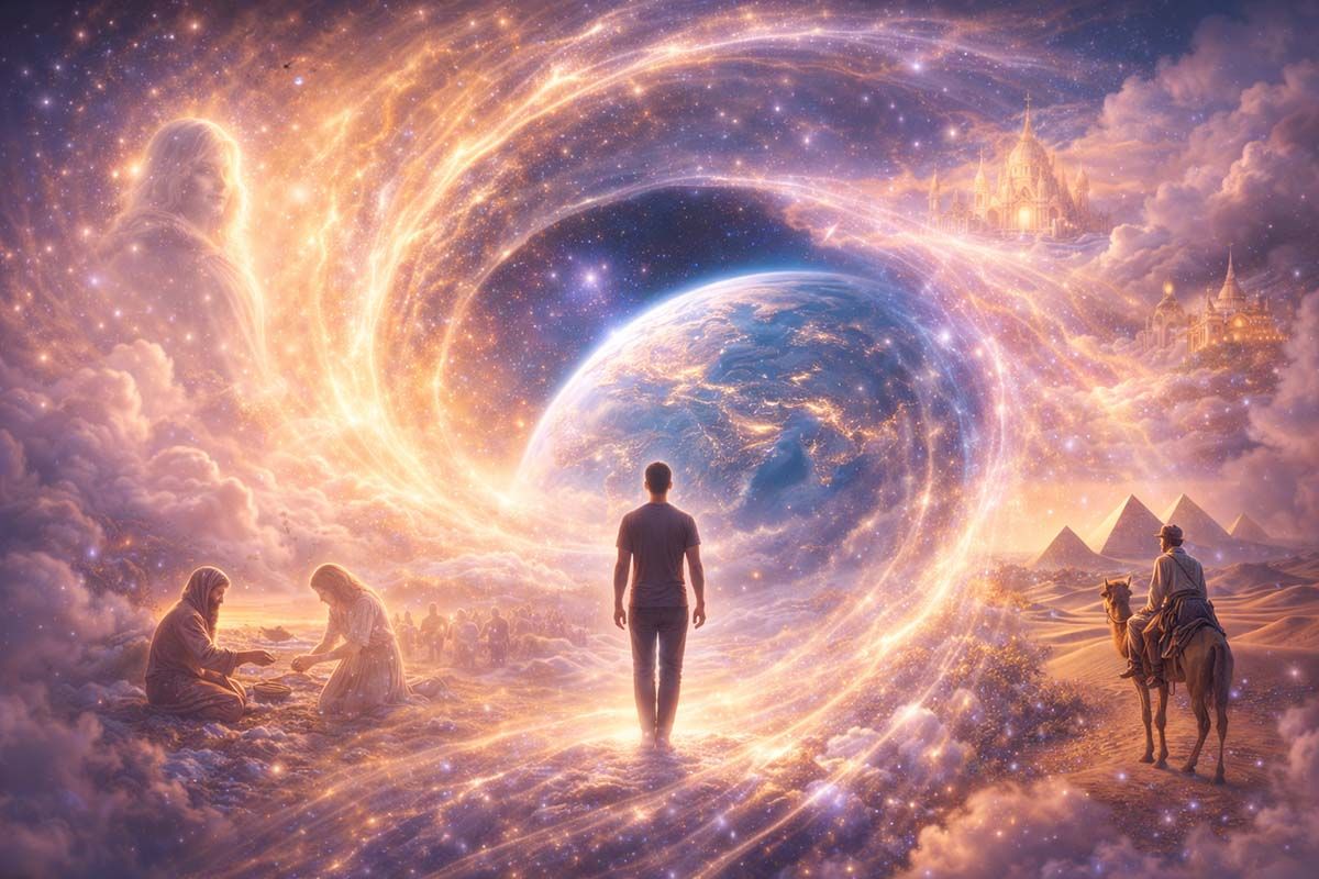 Stylized landscape depicting multipul lives theme.