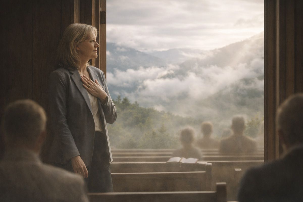Woman attending a formal religous meeting. 
