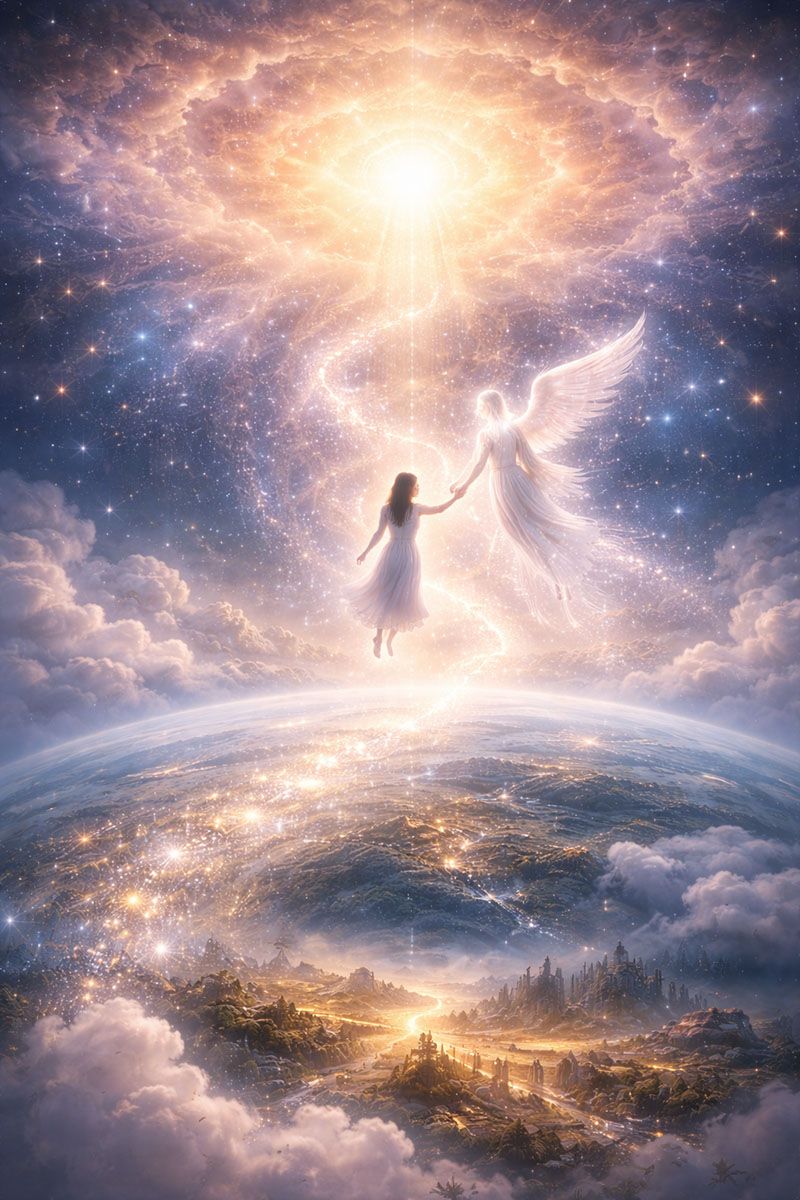 Women ascends from the Earth to be greeted by an angle of light.