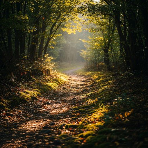 Bush track winding though a green forest landscape. 