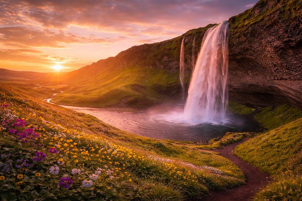 Warm, sunlit landscape with waterfall and wildflowers.