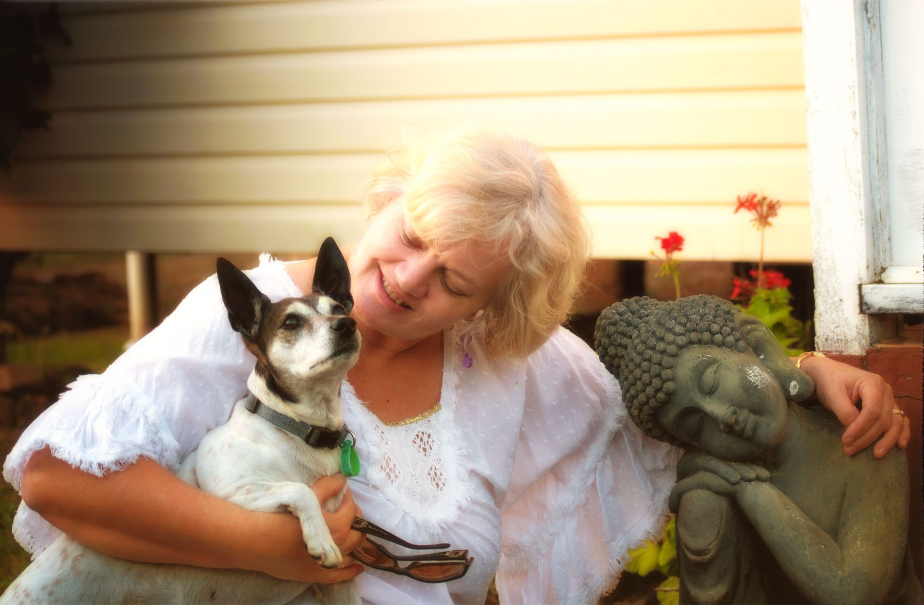 Deborah Christensen with little dog Lilly.