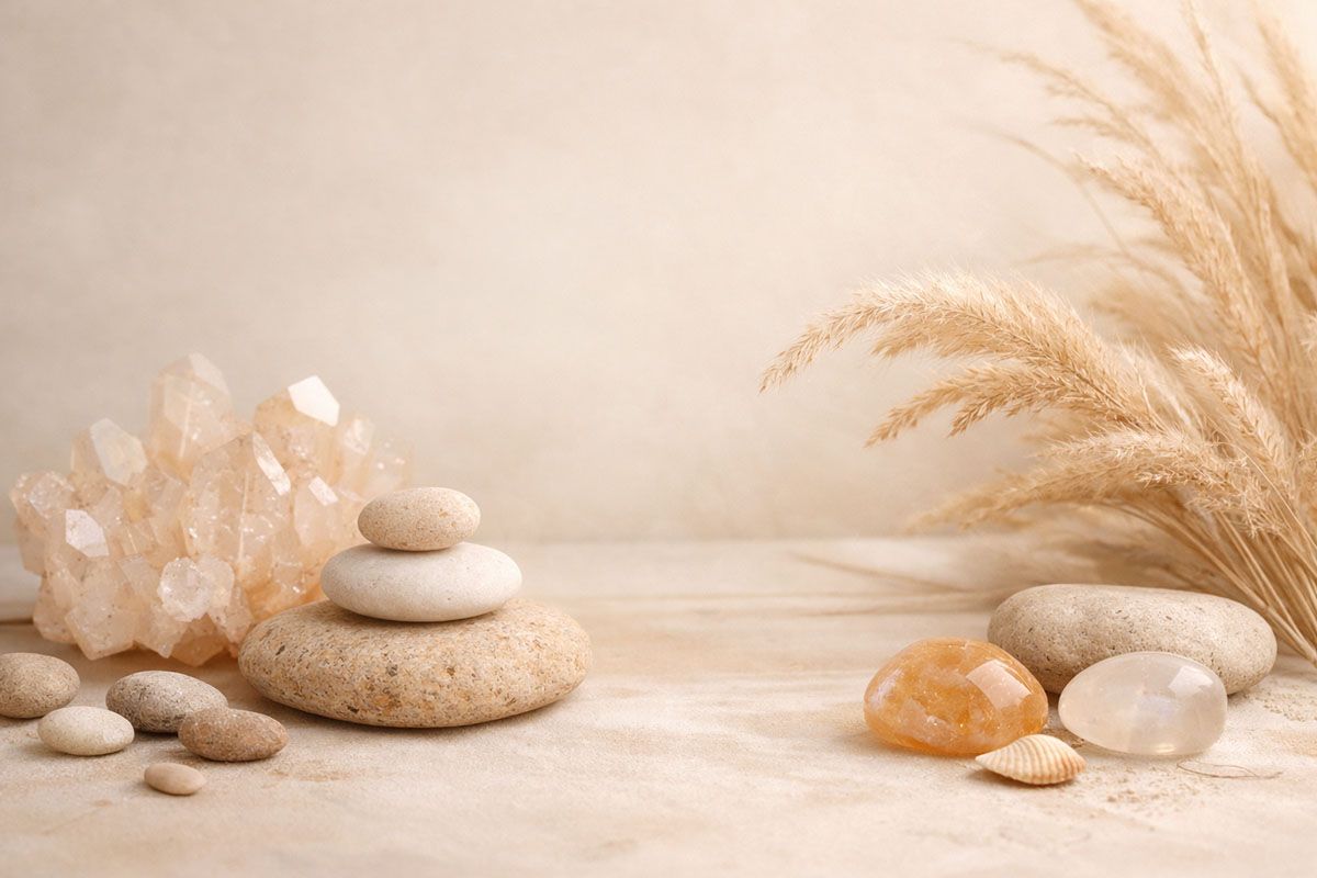 Crystals, pebbles and shells arranged on a benchtop.