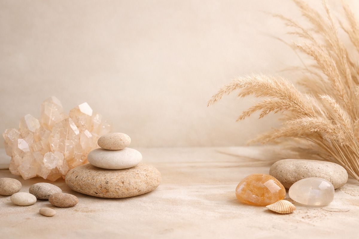 Pebbles, shells, and crystals arranged on a bench.