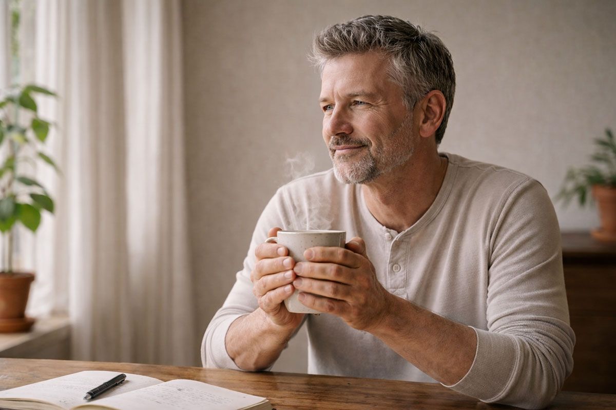 Contented man with notebook drinking morning coffee. 
