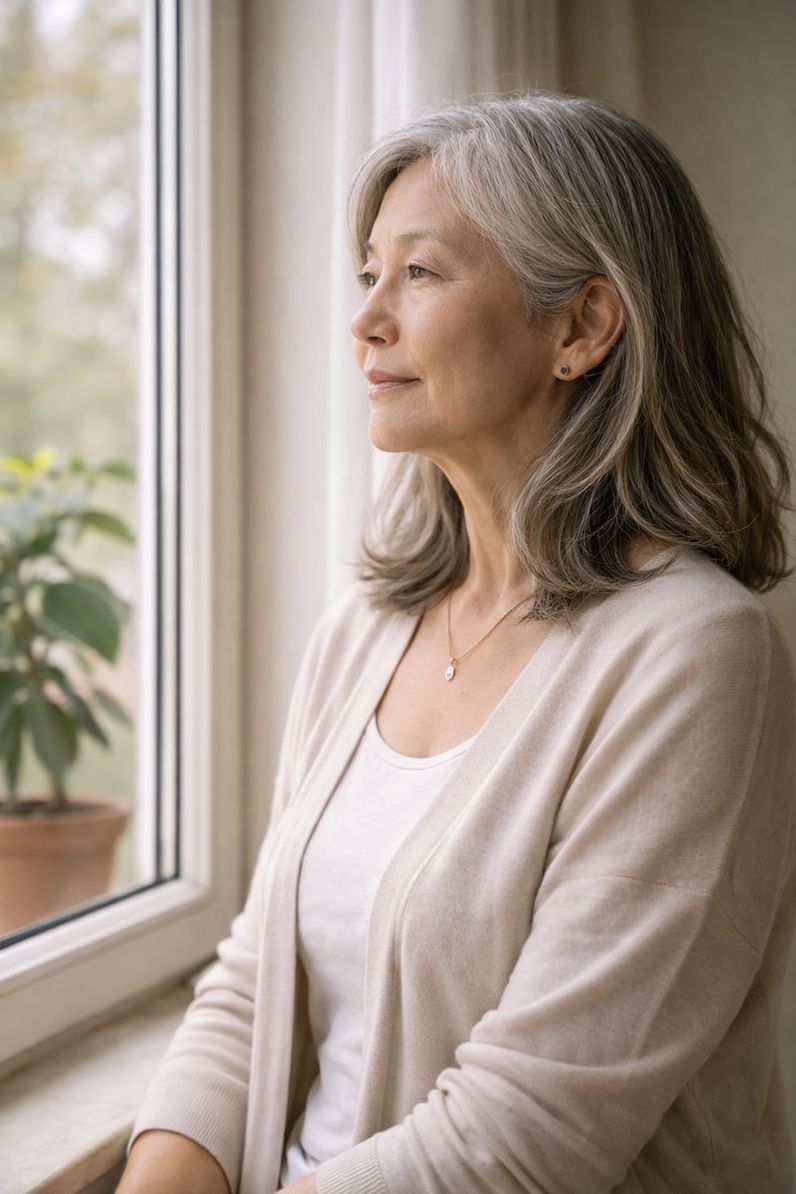 Confident woman gazing out a window/