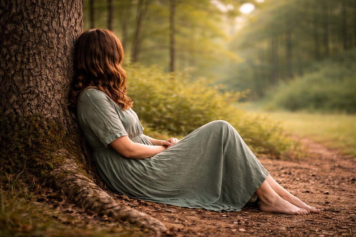Relaxed woman sitting by a tree in a sunlit forest. 