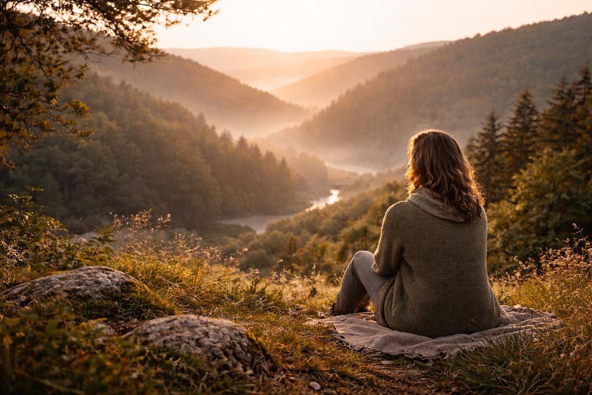 Woman seated on a hill viewing a placid river below.