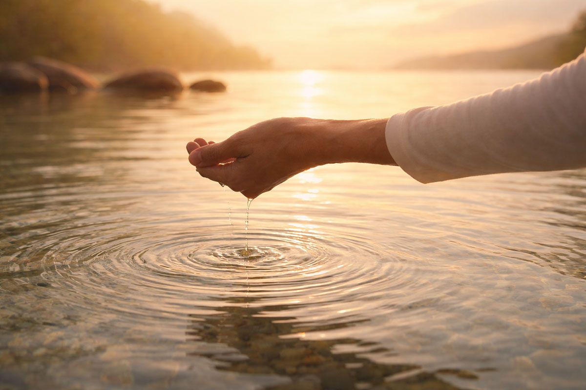 Hand scooping water from a sunlit lake.
