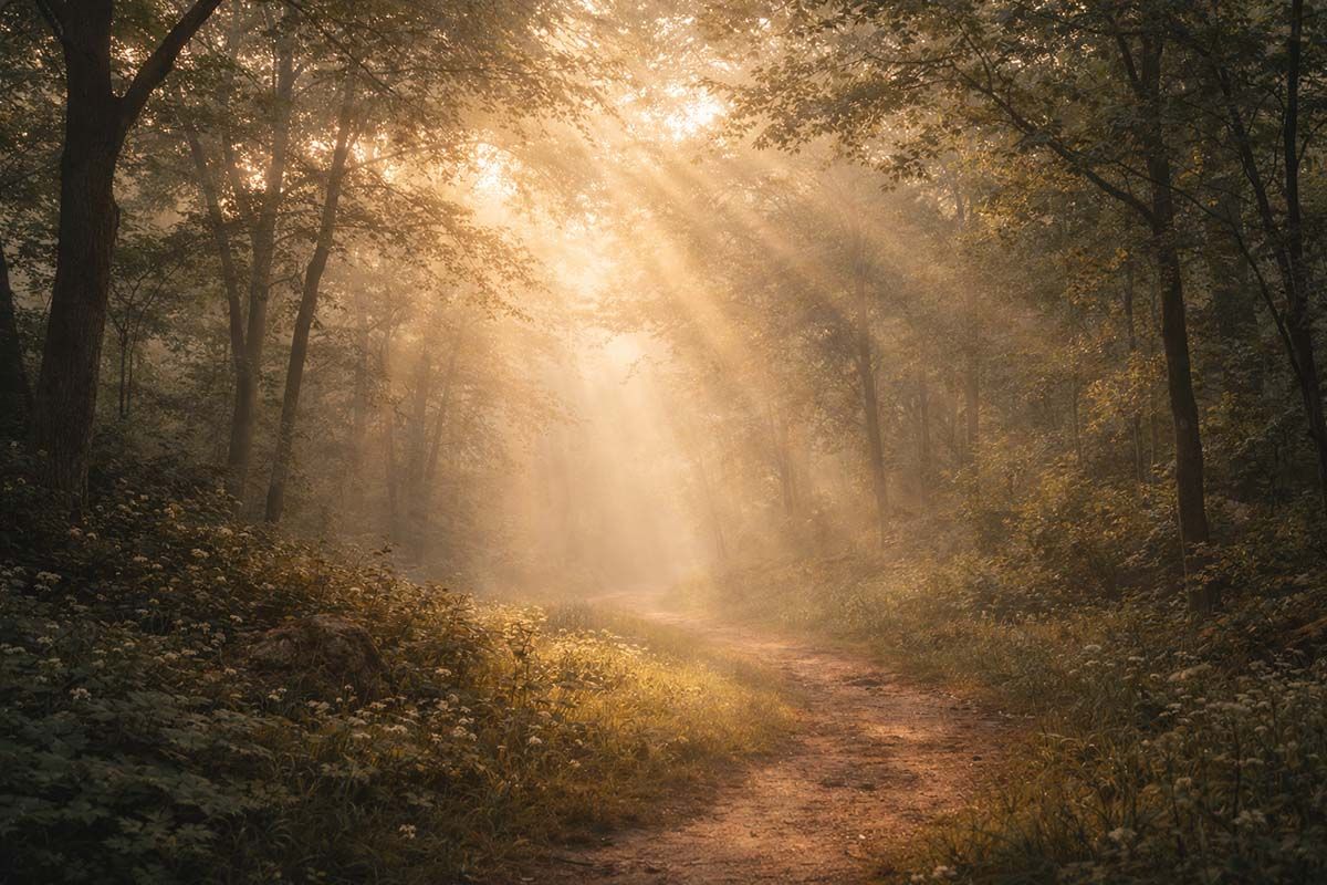 Walking track winding though woodland with bright sunlight. 
