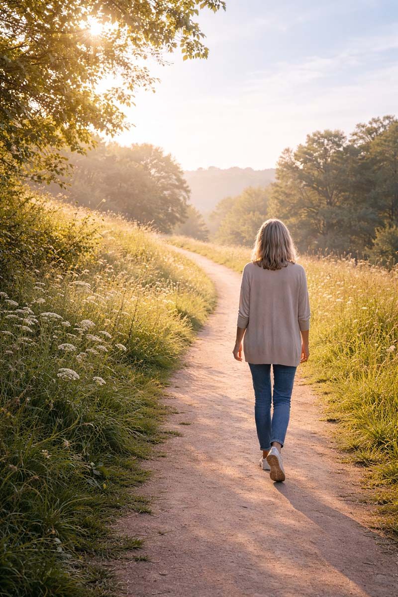 Woman walking along a quite rural track. 