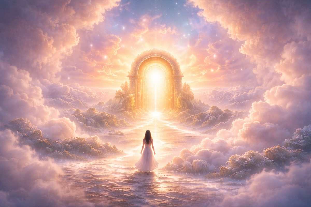 Woman walks amid clouds approaching a golden gate.